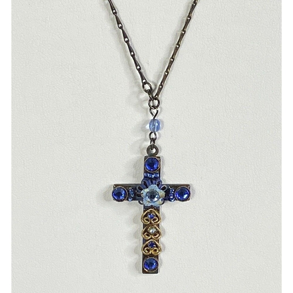 Belladonna Cross Necklace VTG Signed Collar Blue Crystal Rhinestone Enamel Rare